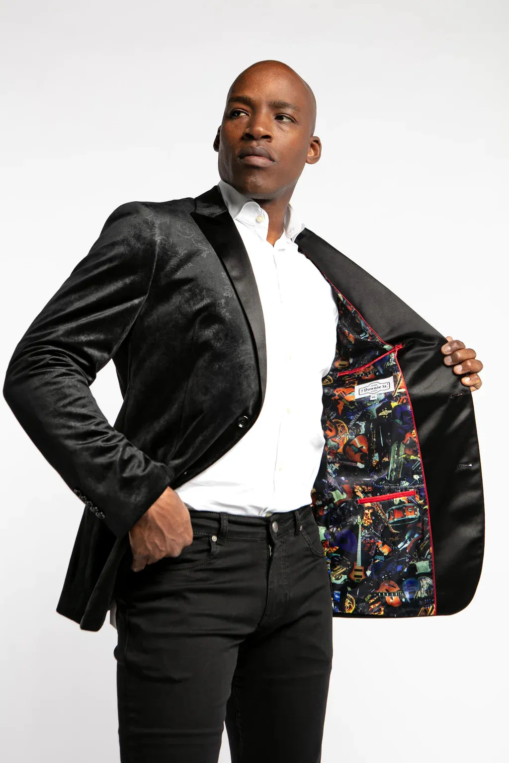 Elegant Black Paisley Dinner Jacket for Men - 7 Downie St. VALENCIA