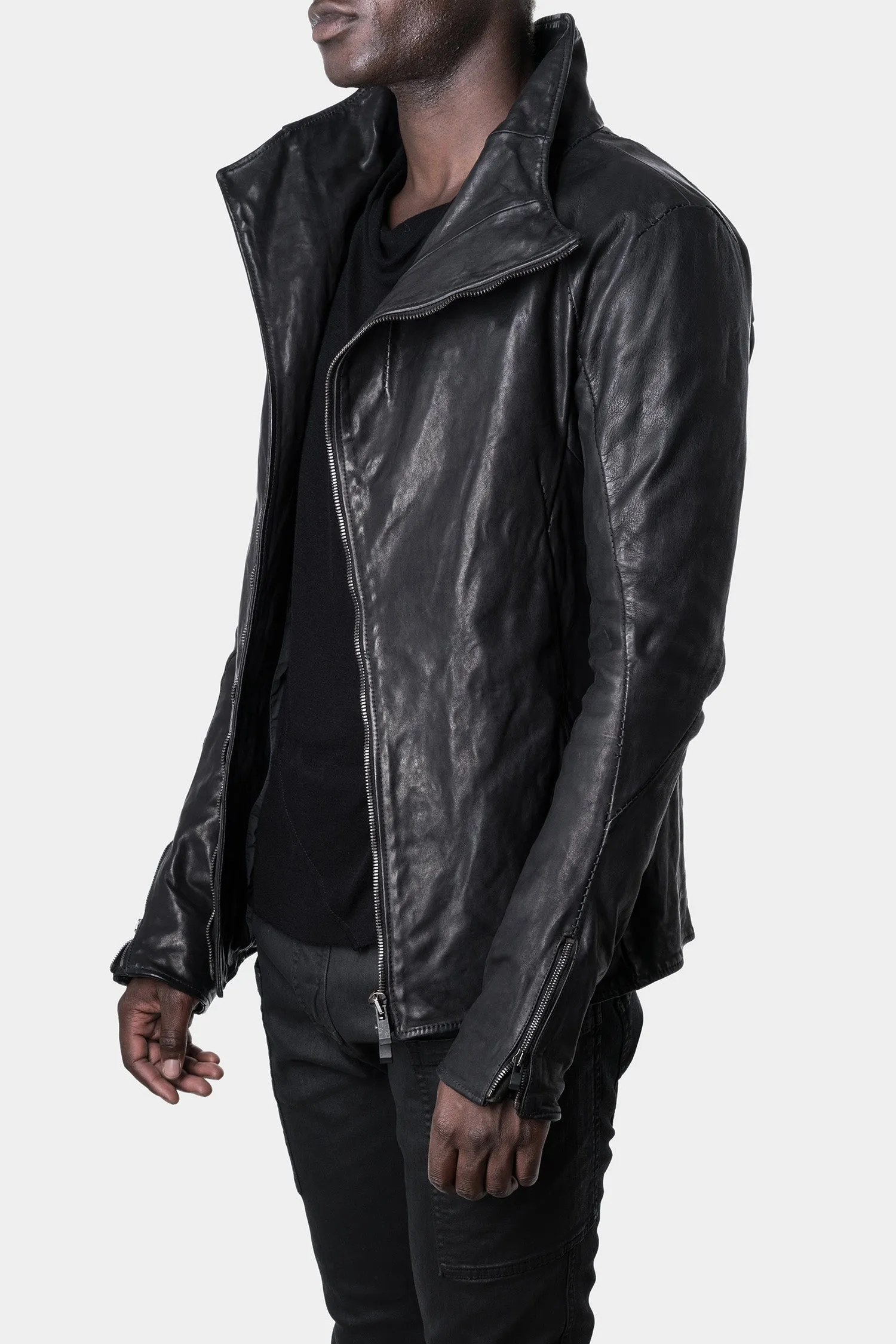 Asymmetrical zip high neck leather jacket