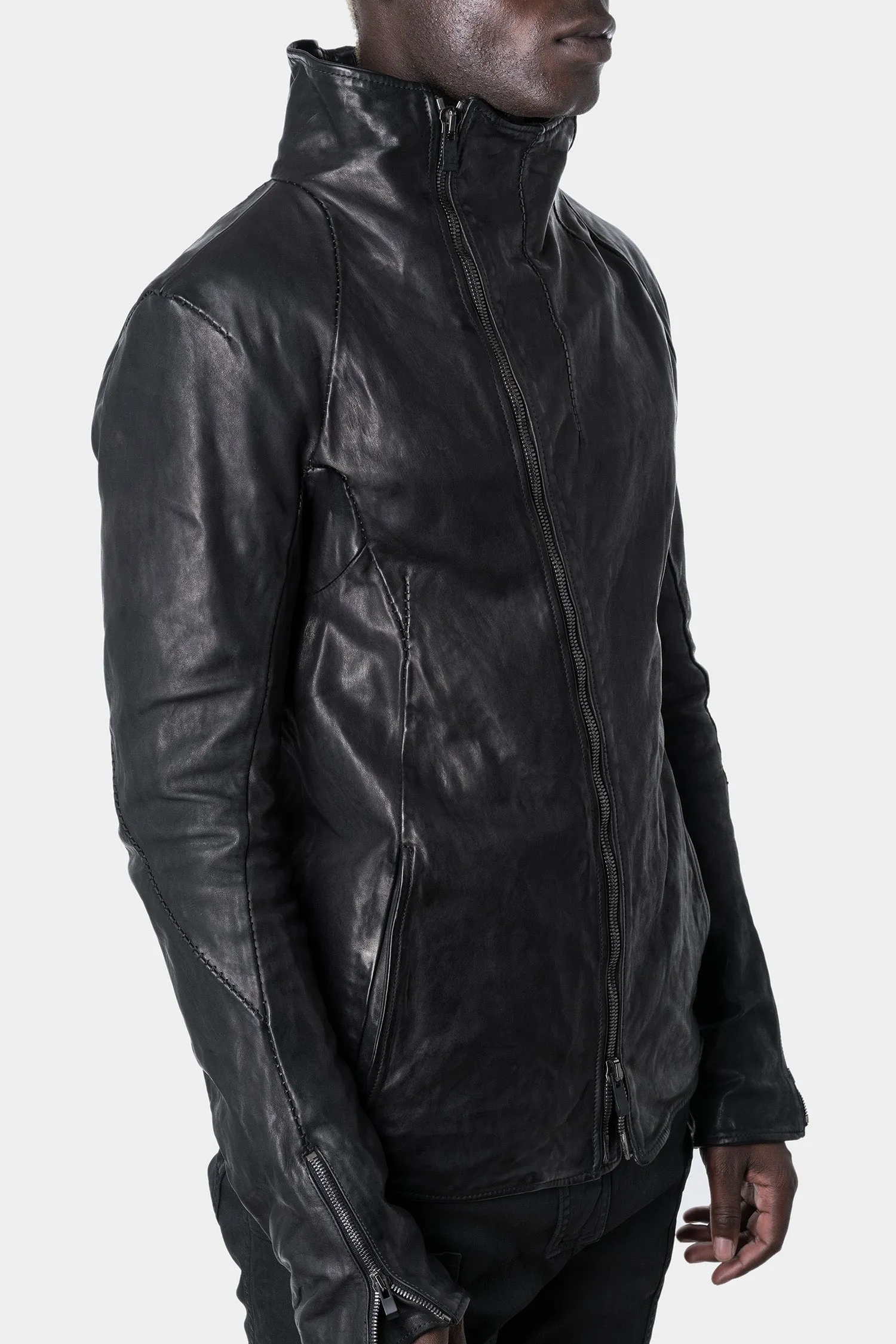 Asymmetrical zip high neck leather jacket