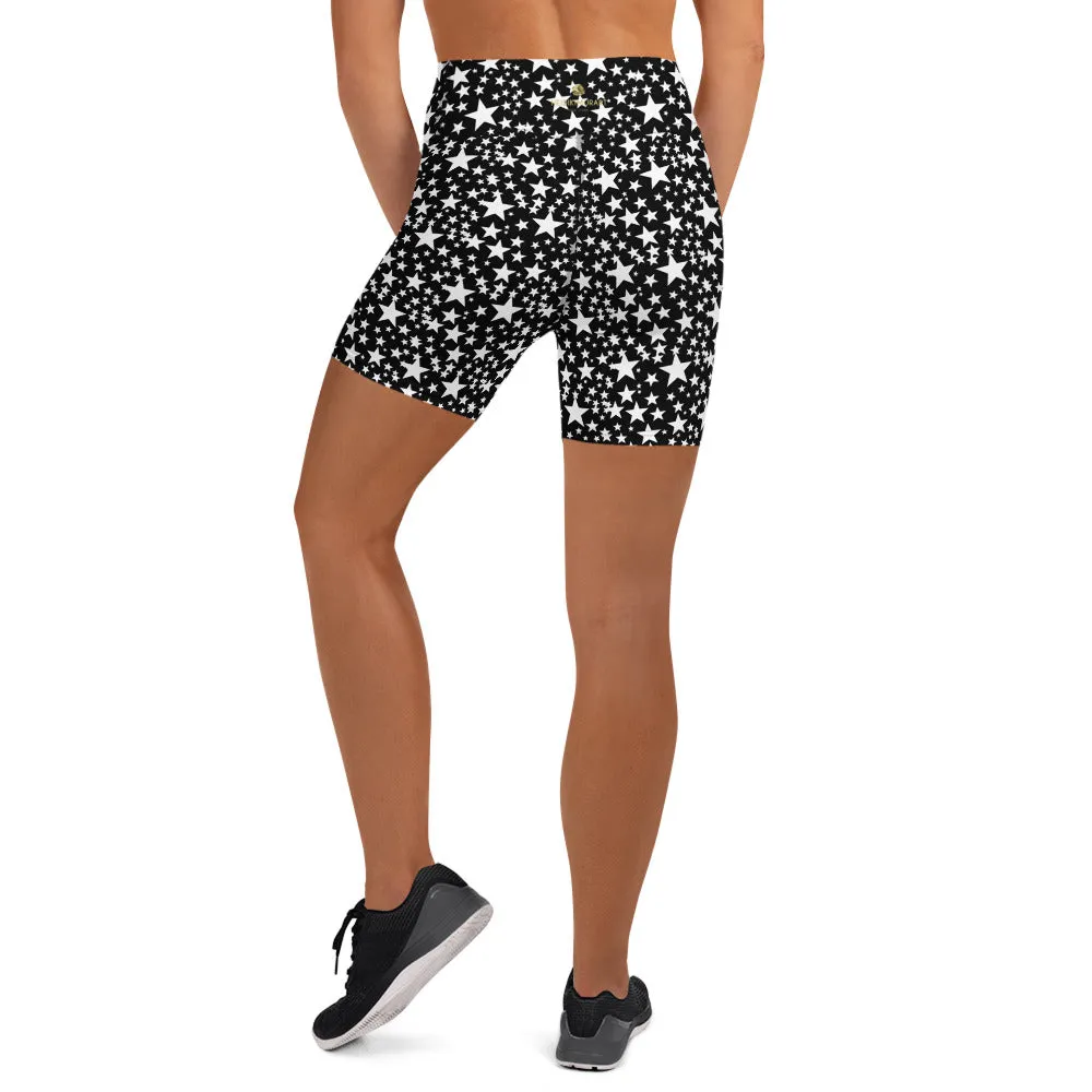 Black Star Yoga Shorts, White Star Print Pattern Fitness Workout Shorts- Made in USA/EU