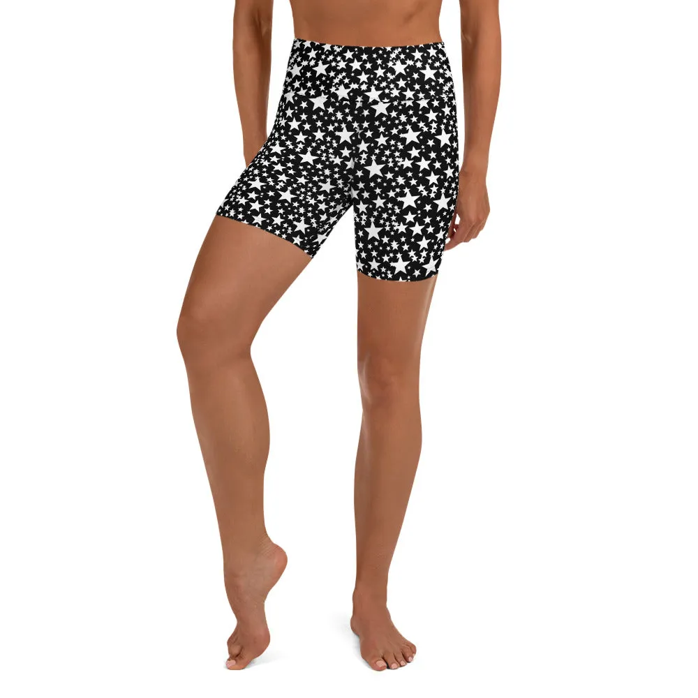 Black Star Yoga Shorts, White Star Print Pattern Fitness Workout Shorts- Made in USA/EU