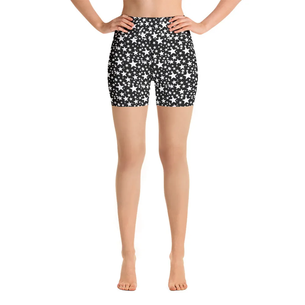 Black Star Yoga Shorts, White Star Print Pattern Fitness Workout Shorts- Made in USA/EU