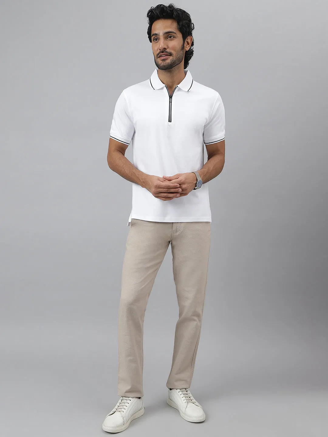 Black Tipping Polo Collar Pure Cotton White T-shirt- Diverge