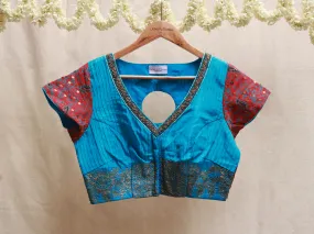 Cerulean blue Handspun and handwoven cotton print, silk hand embroidery blouse