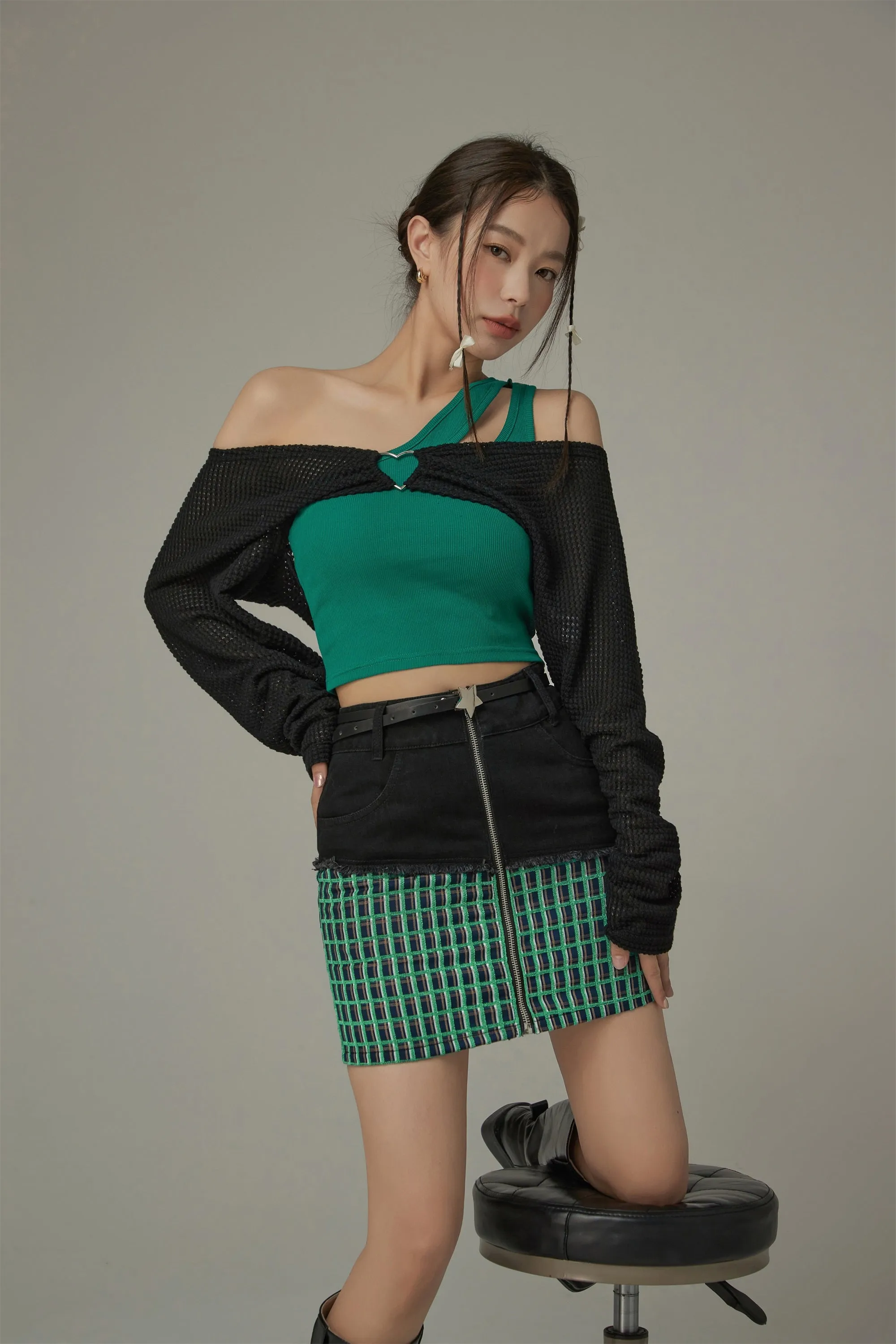 Check Color Zipper Mini Skirt