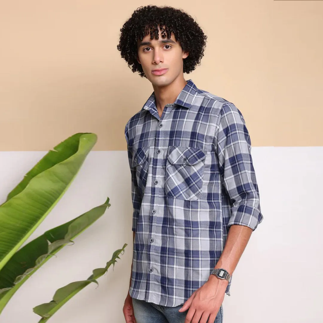 Check Regular Fit Cotton Shirt - Navy Grey