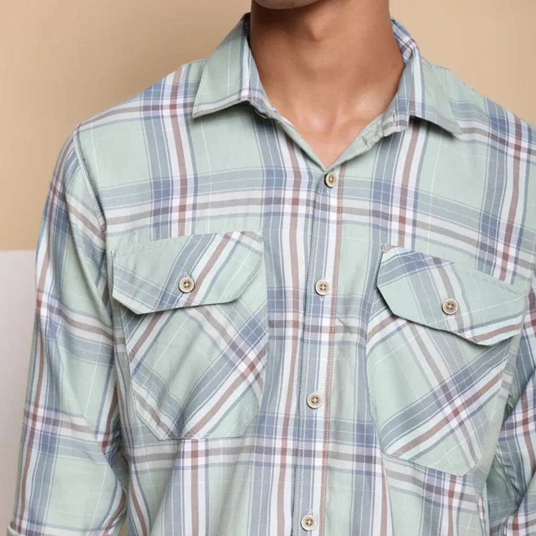 Check Regular Fit Cotton Shirt - Pista