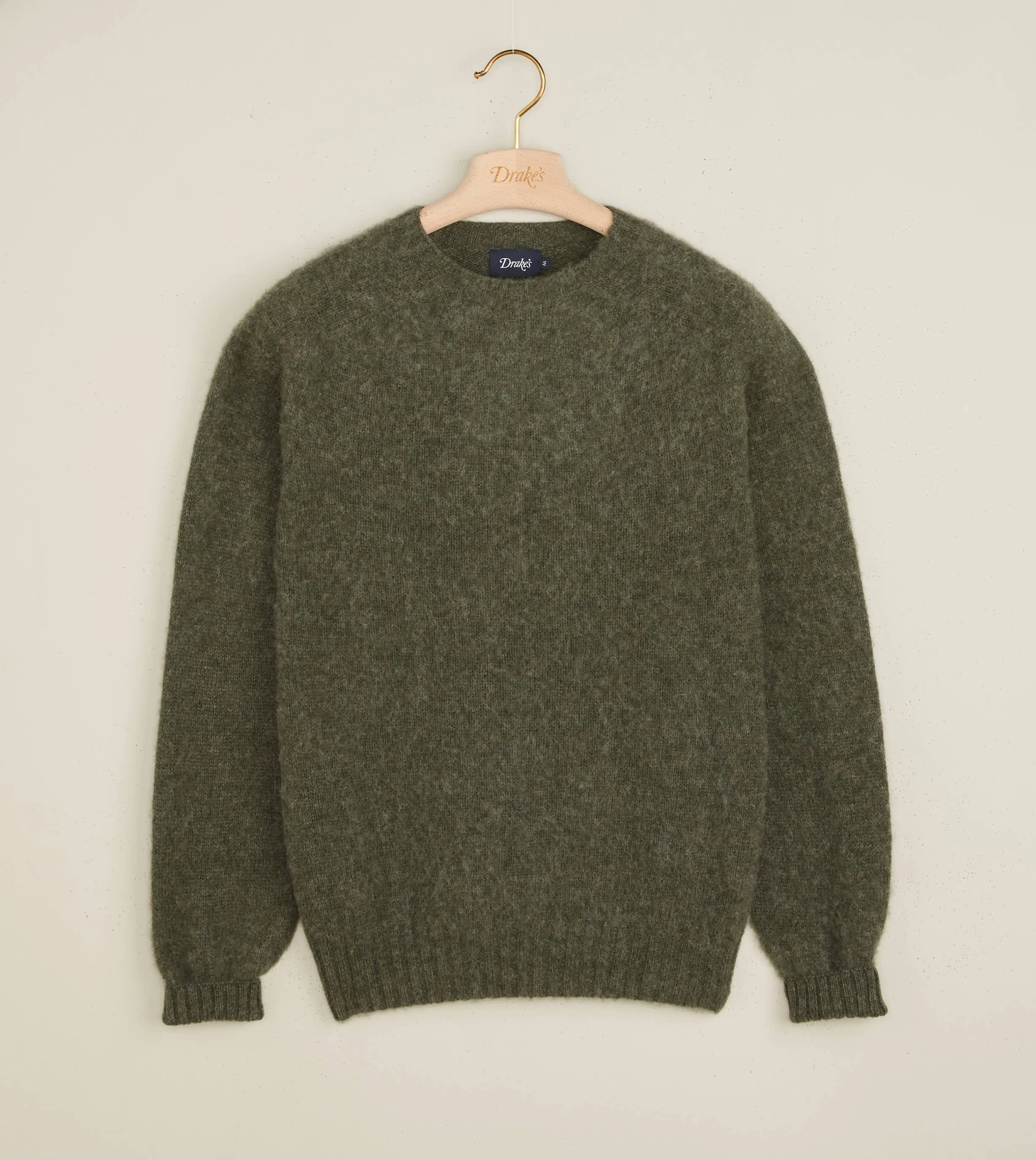 Drakes Olive Brushed Shetland Crew Neck Jumper - Luxuriously Soft and Warm Knit Sweater for Stylish Comfort