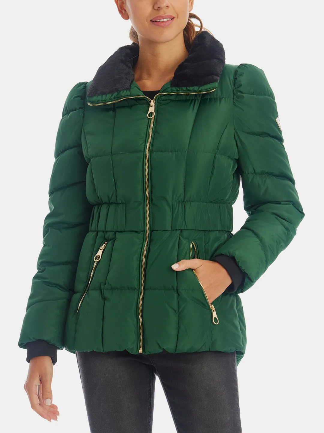 Faux Fur Collar Cinched Puffer Jacket