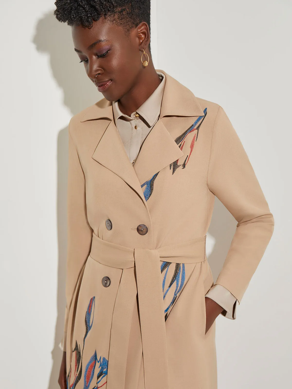 Floral Embroidered Belted Woven Trench Coat