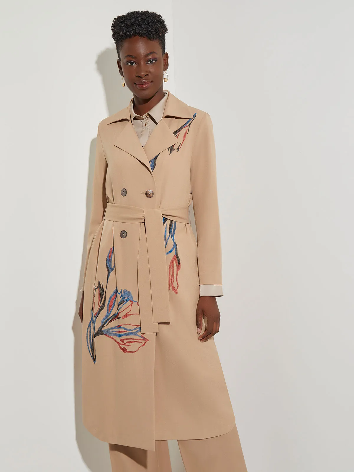 Floral Embroidered Belted Woven Trench Coat