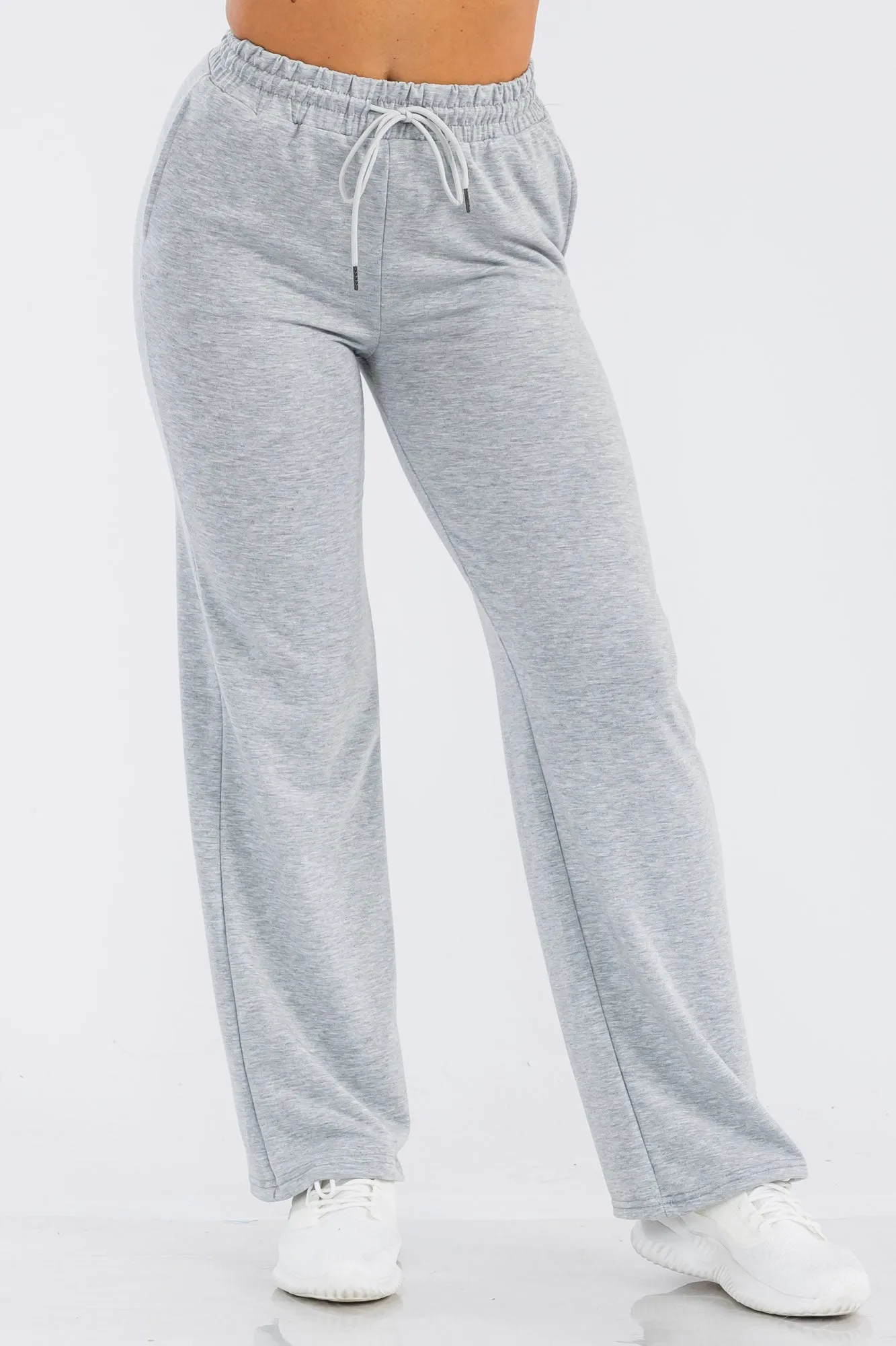 French Terry Drawstring Waist Straight Leg Sweatpants - Light Heather Gray