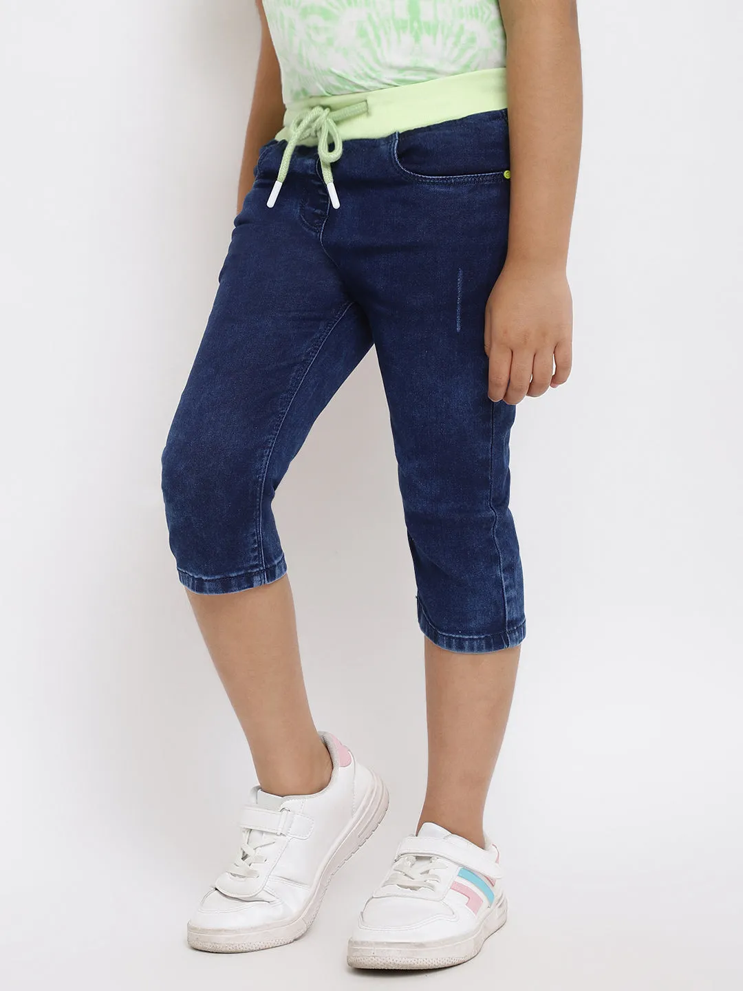 GIRLS SLIM FIT DARK BLUE CAPRI WITH LIME GREEN WAISTBAND