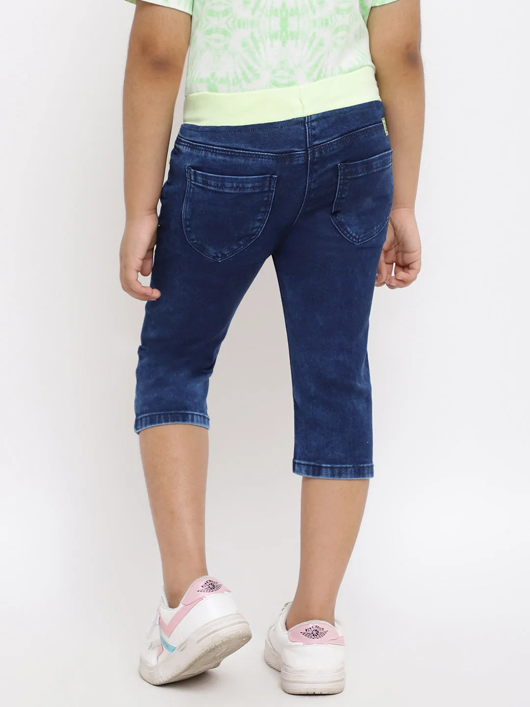 GIRLS SLIM FIT DARK BLUE CAPRI WITH LIME GREEN WAISTBAND