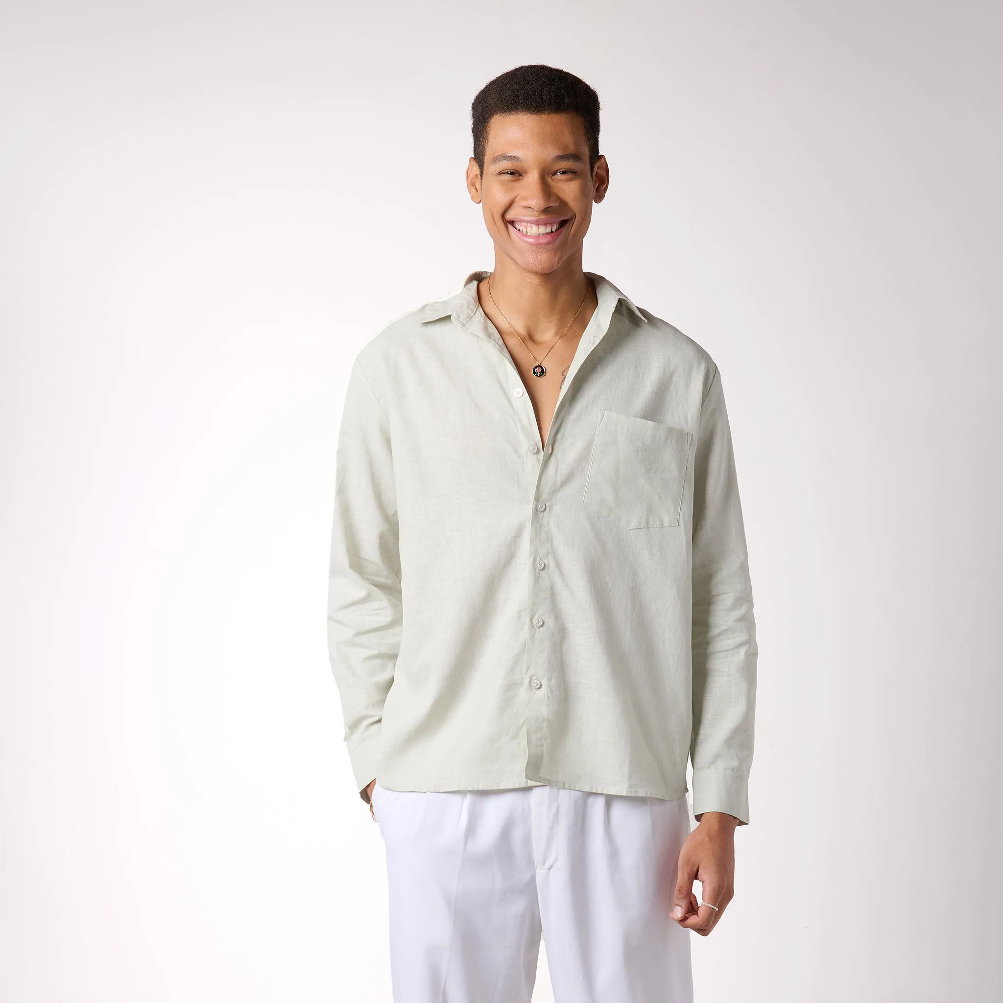 Green relaxed fit full sleeve linen shirt