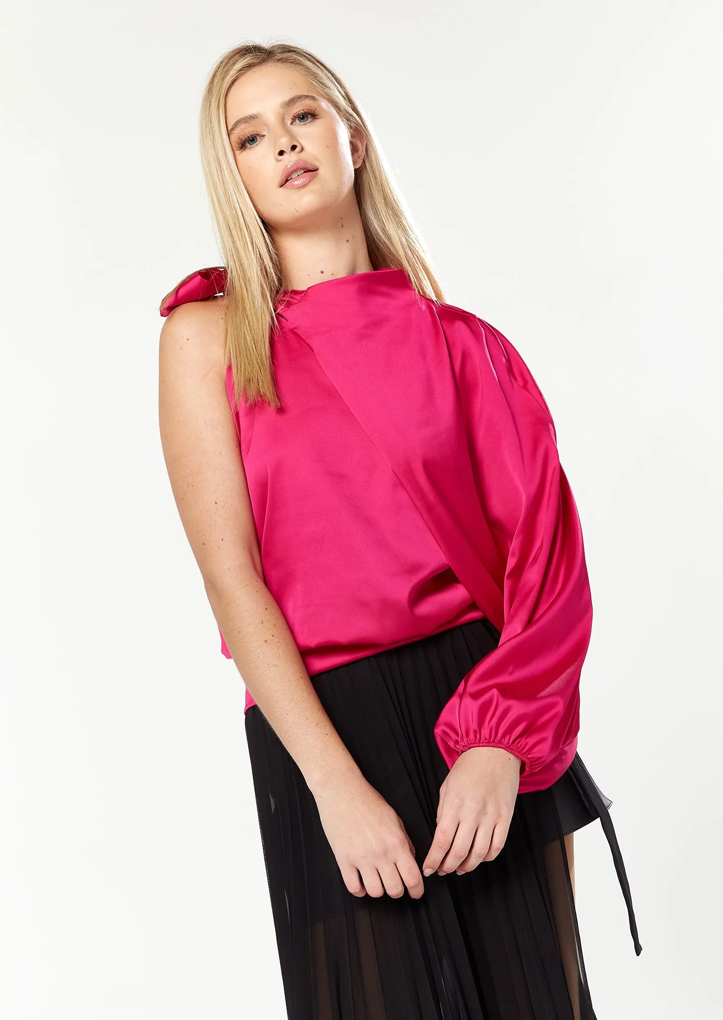 House of Holland Pink Asymmetric Top with Voluminous Sleeves