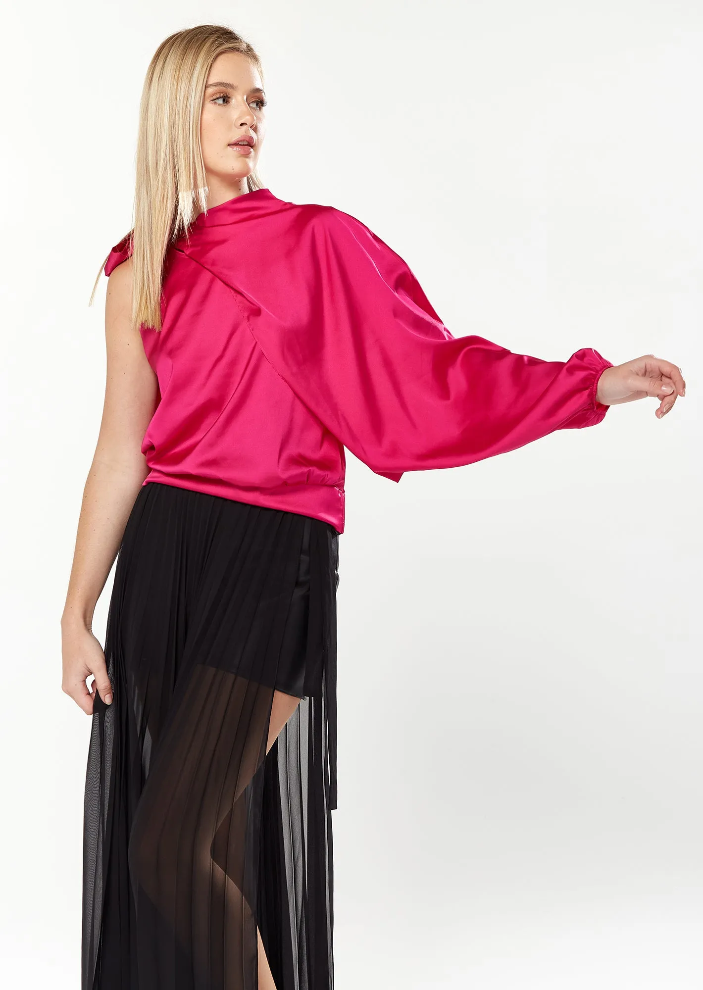 House of Holland Pink Asymmetric Top with Voluminous Sleeves