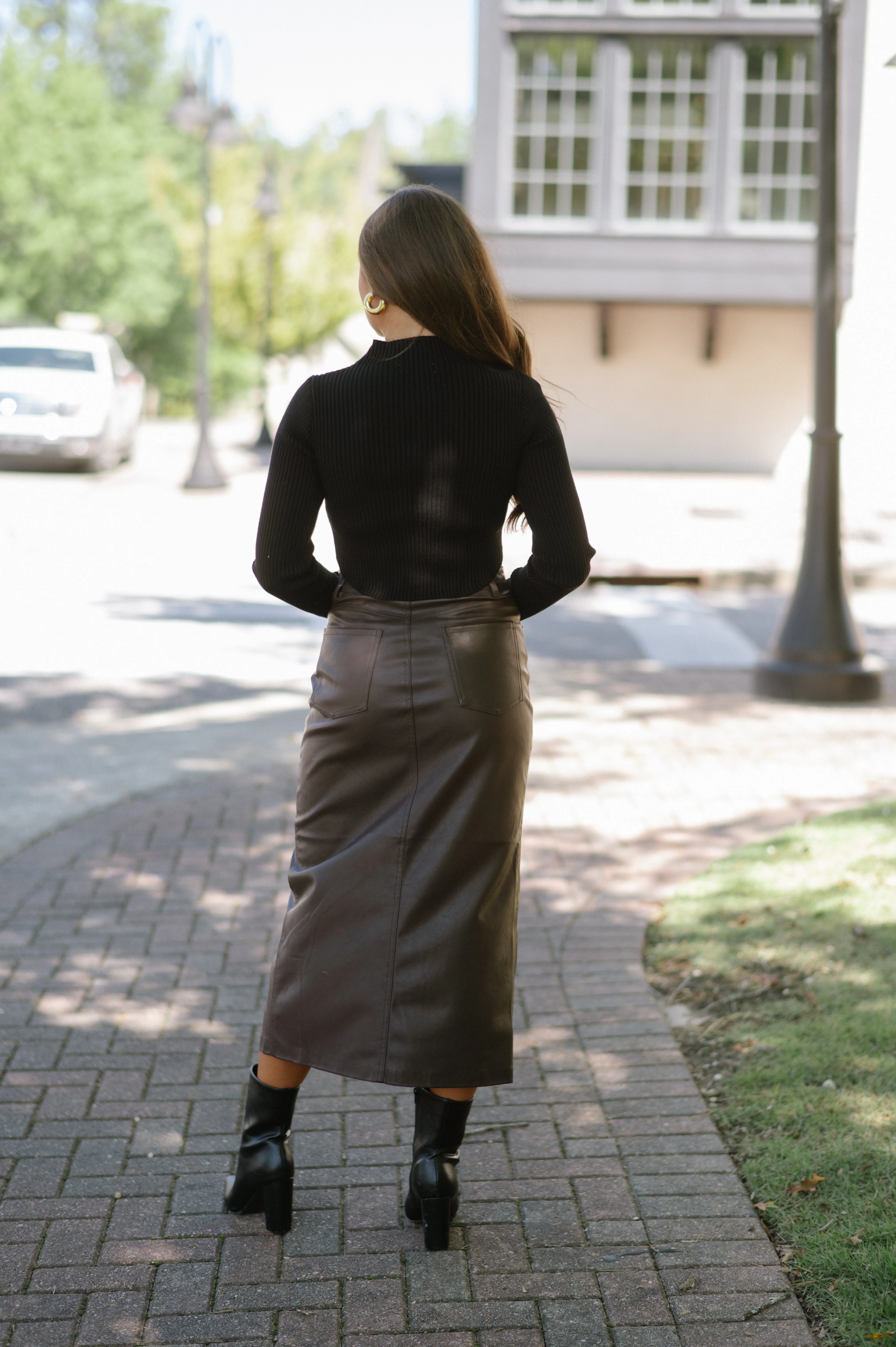 Jackie Leather Midi Skirt-Dark Oak