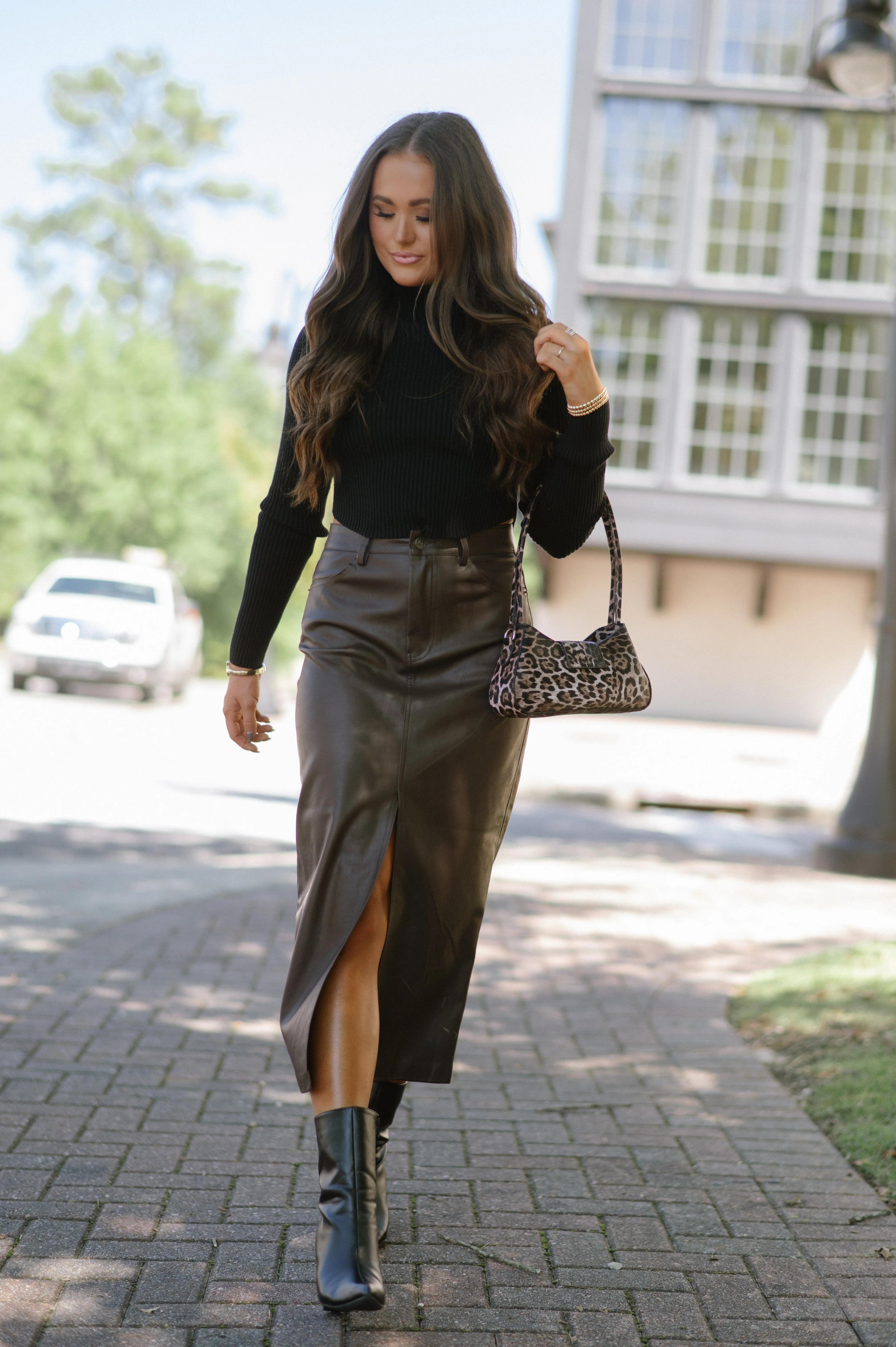 Jackie Leather Midi Skirt-Dark Oak