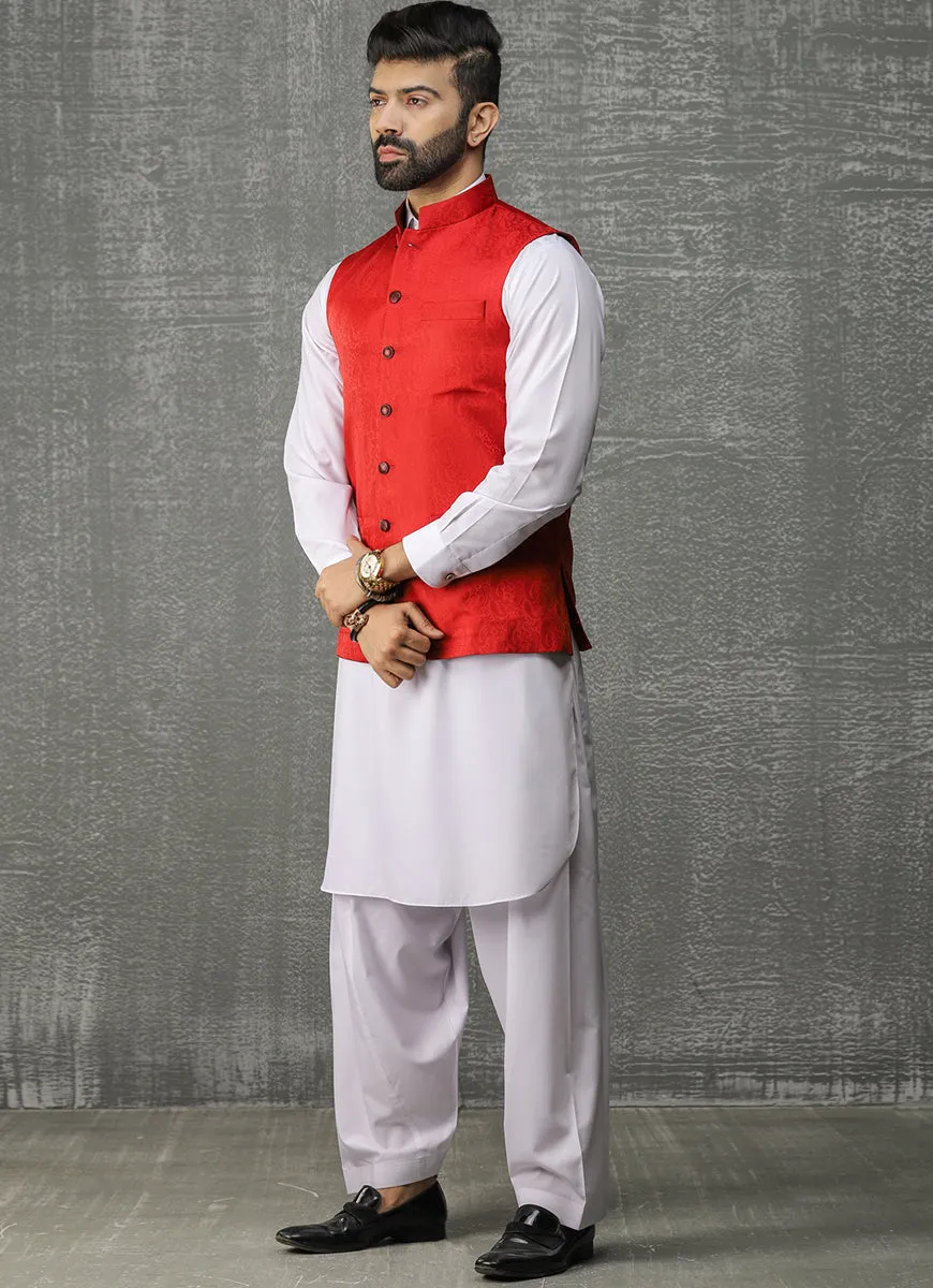 Jamawar Red Design Waist Coat