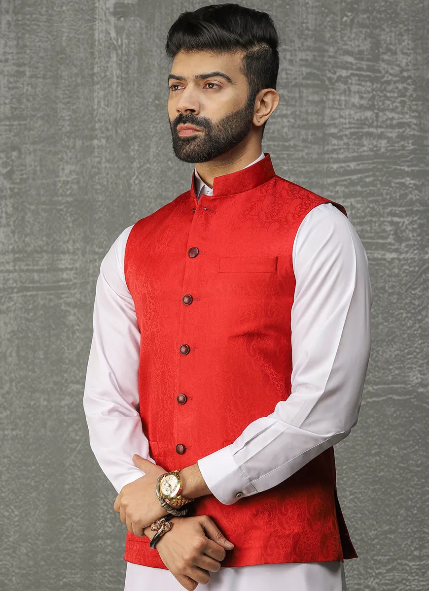 Jamawar Red Design Waist Coat