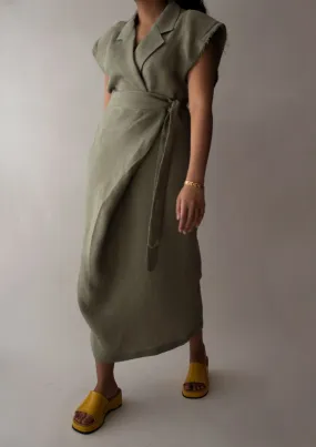 Linen Wrap Midi Skirt in Olive