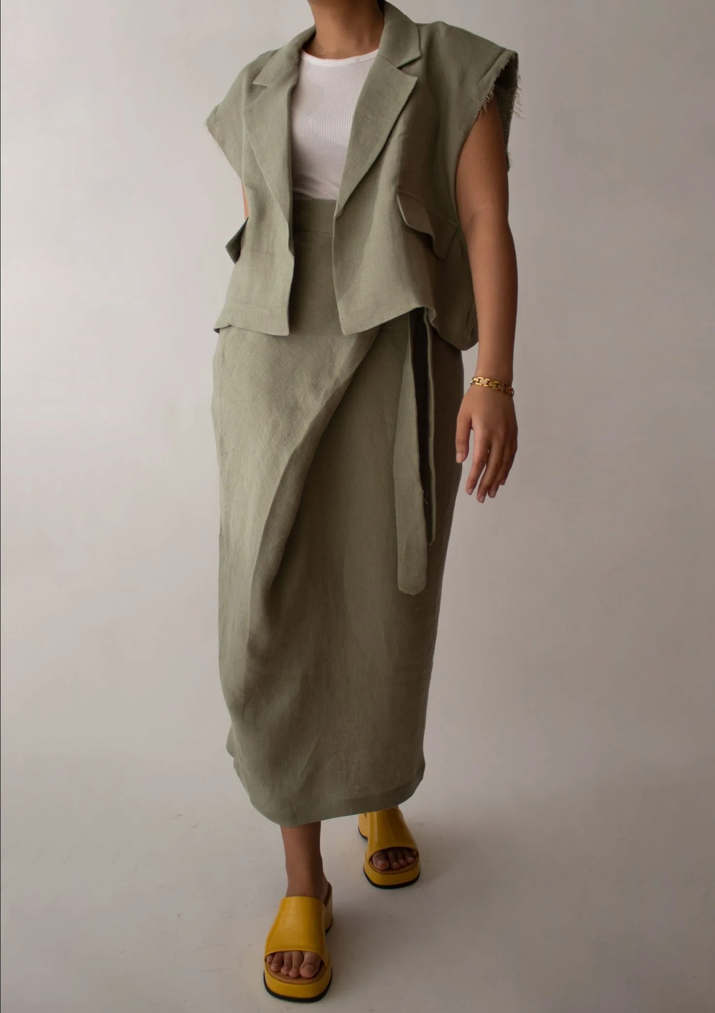 Linen Wrap Midi Skirt in Olive