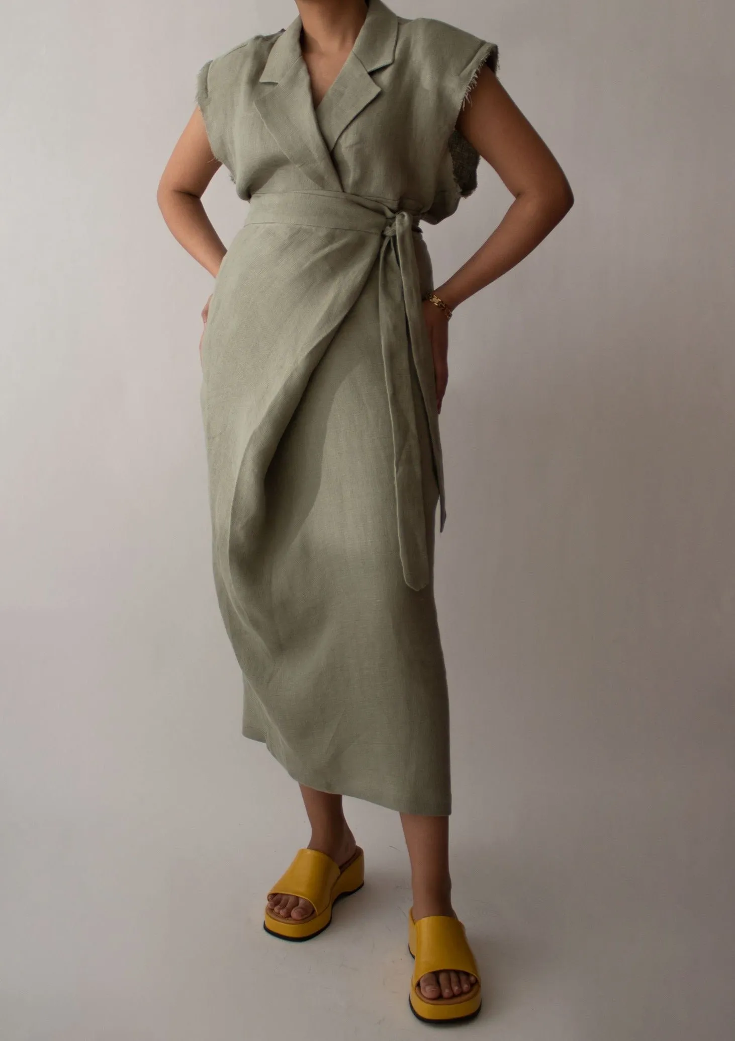 Linen Wrap Midi Skirt in Olive