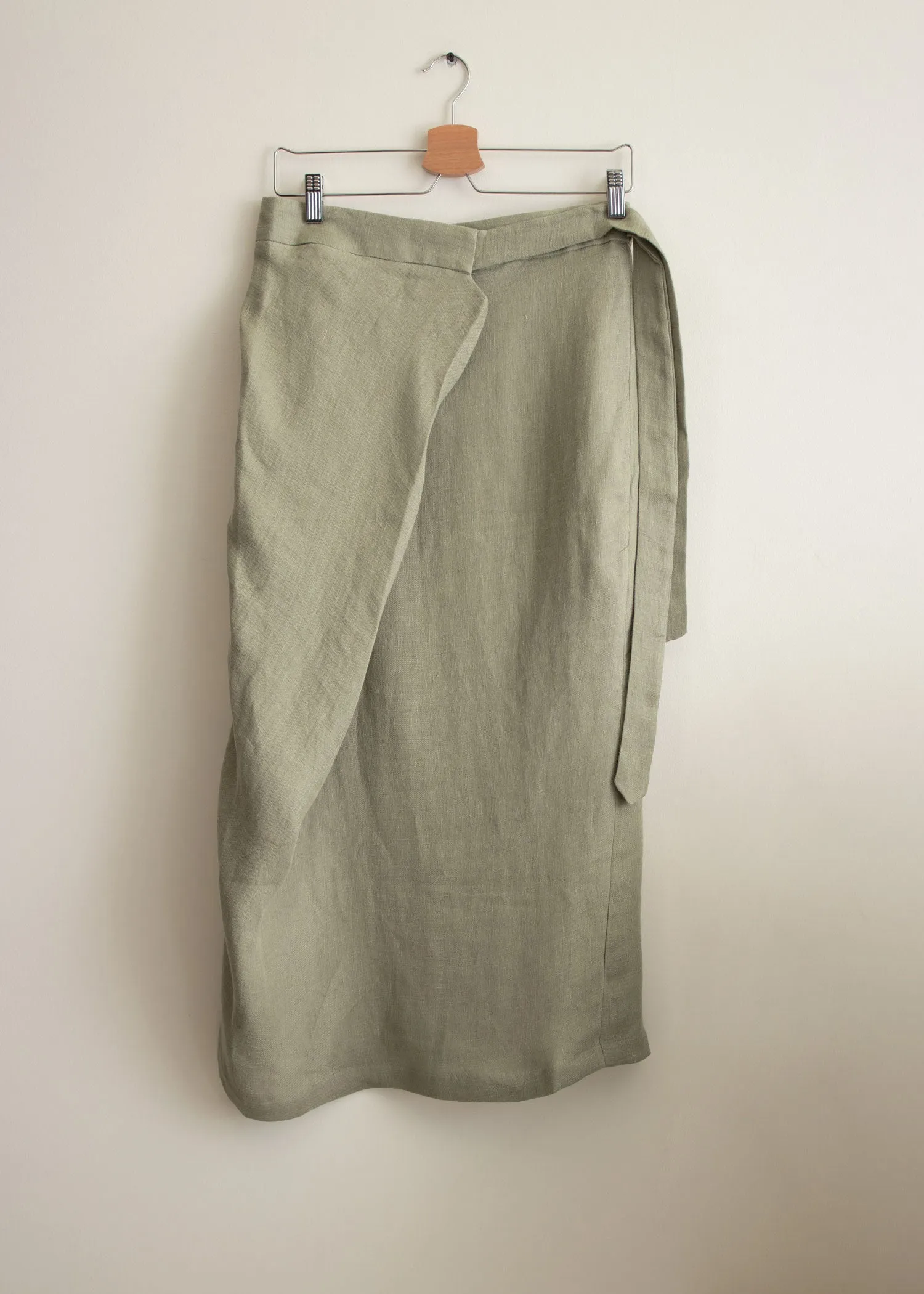 Linen Wrap Midi Skirt in Olive