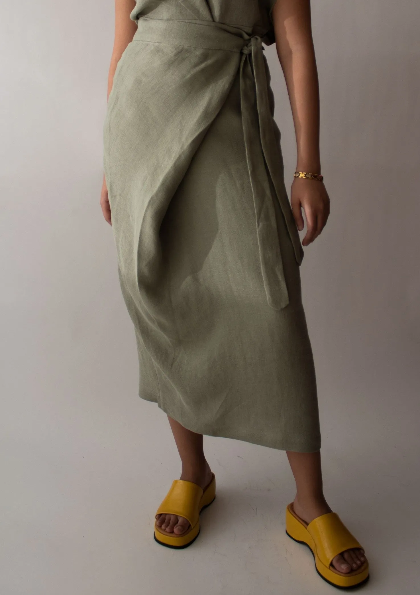 Linen Wrap Midi Skirt in Olive