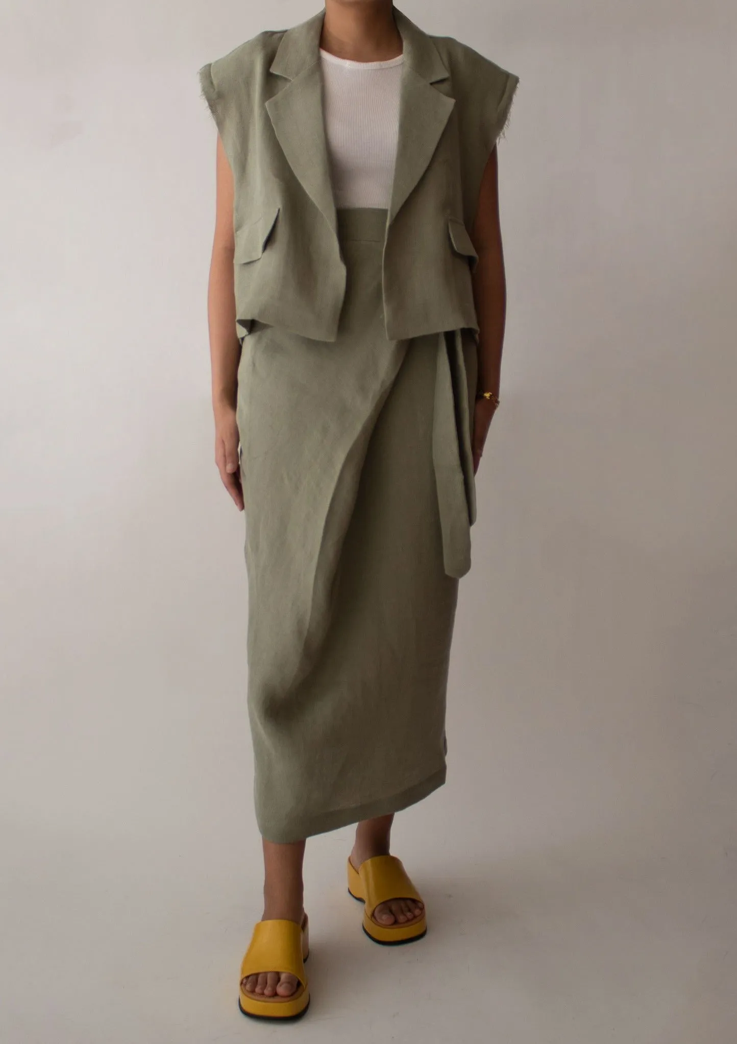 Linen Wrap Midi Skirt in Olive