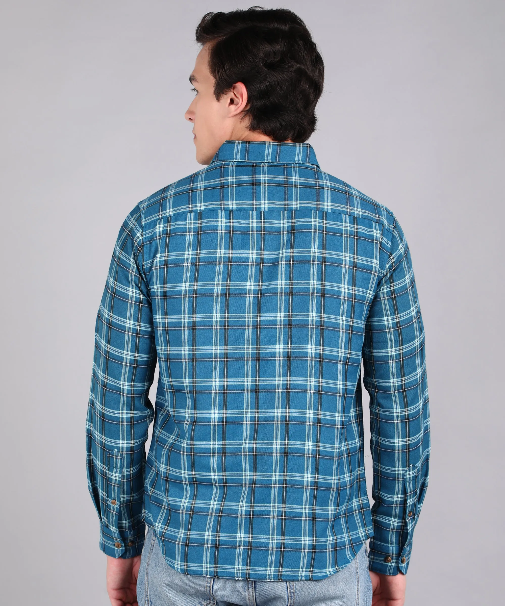 Men's Blue Cotton Full Sleeve Slim Fit Casual Checkered Shirt