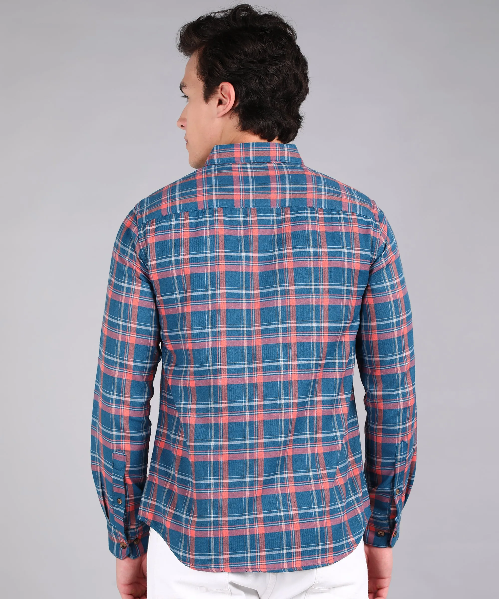 Men's Blue Cotton Full Sleeve Slim Fit Casual Checkered Shirt