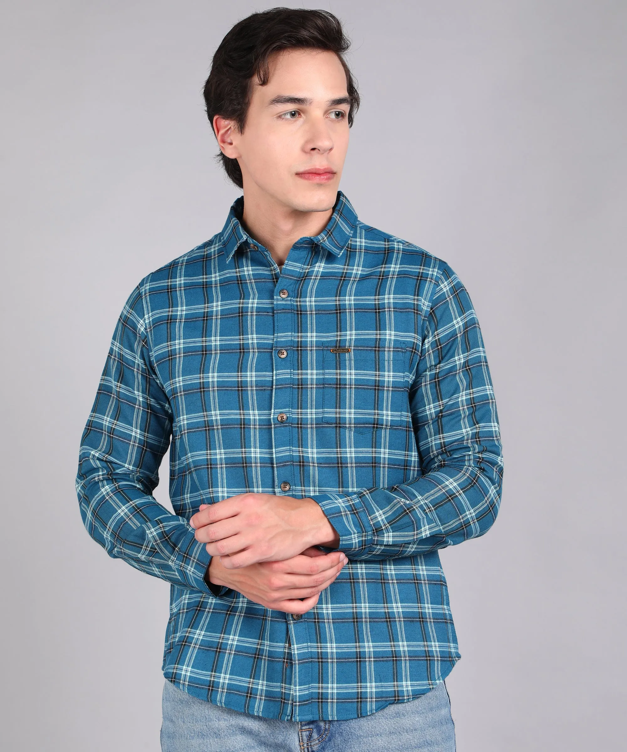 Men's Blue Cotton Full Sleeve Slim Fit Casual Checkered Shirt