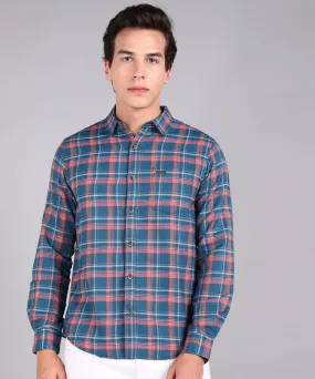 Men's Blue Cotton Full Sleeve Slim Fit Casual Checkered Shirt