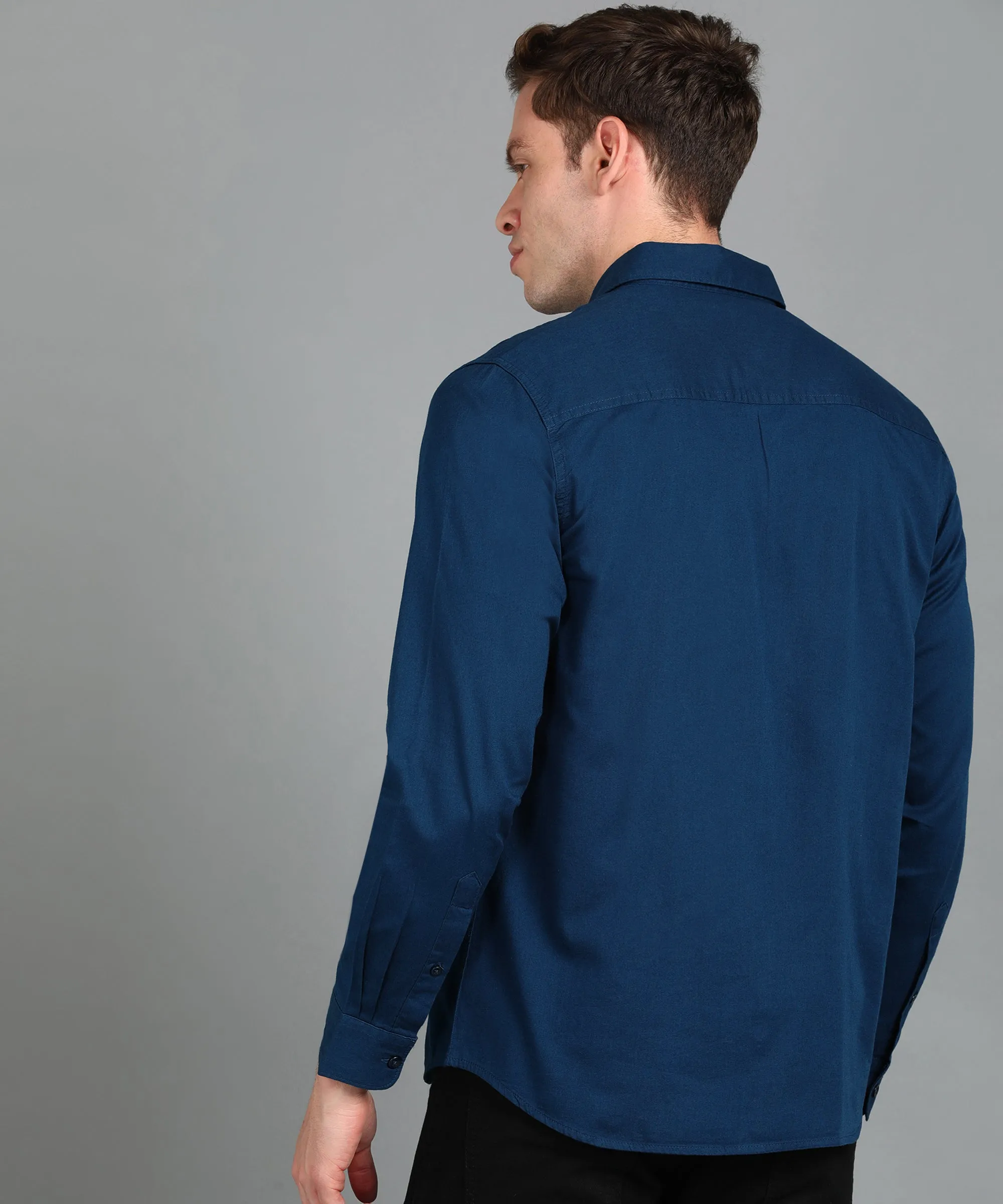 Men's Blue Cotton Full Sleeve Slim Fit Casual Solid Shirt