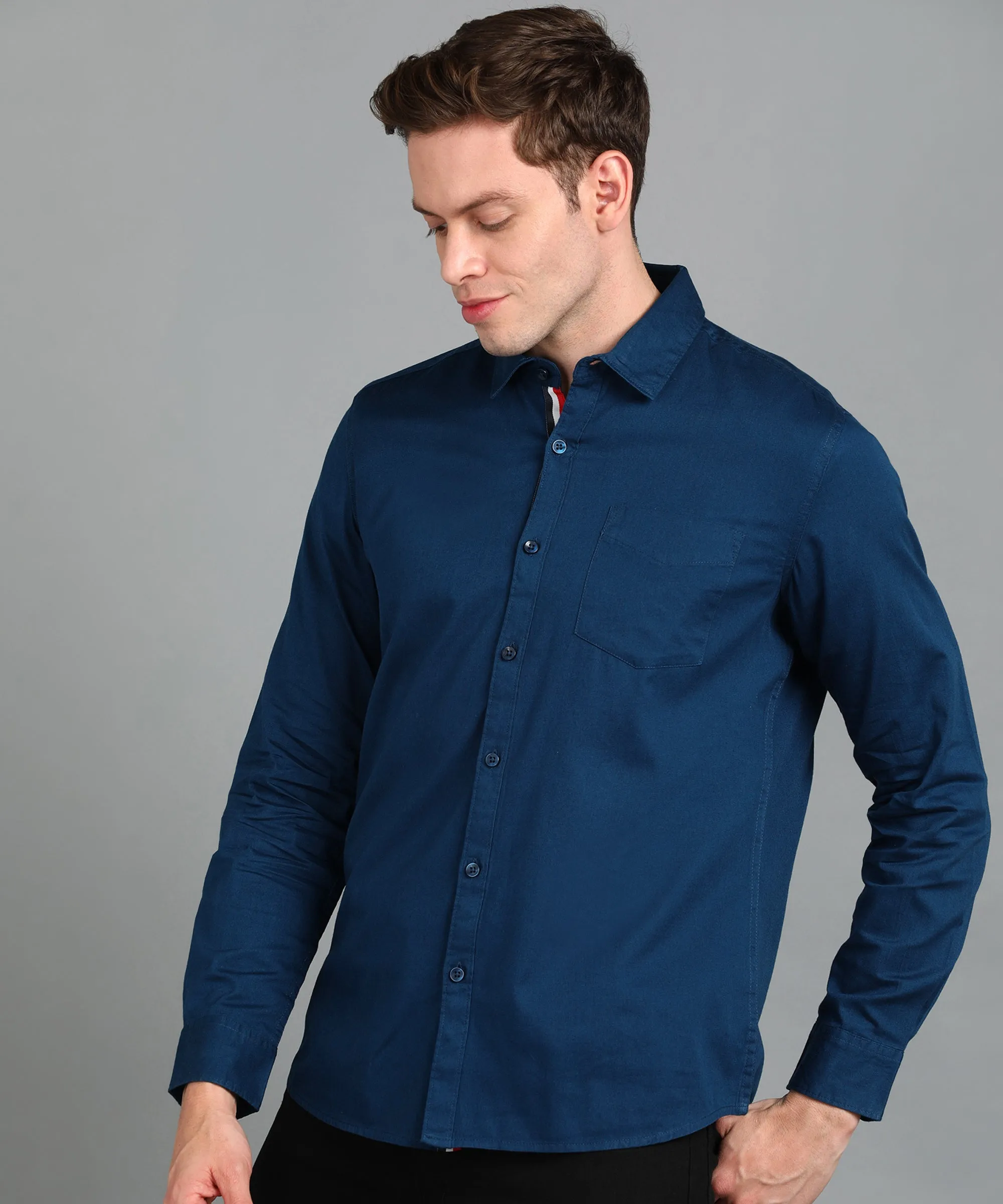 Men's Blue Cotton Full Sleeve Slim Fit Casual Solid Shirt