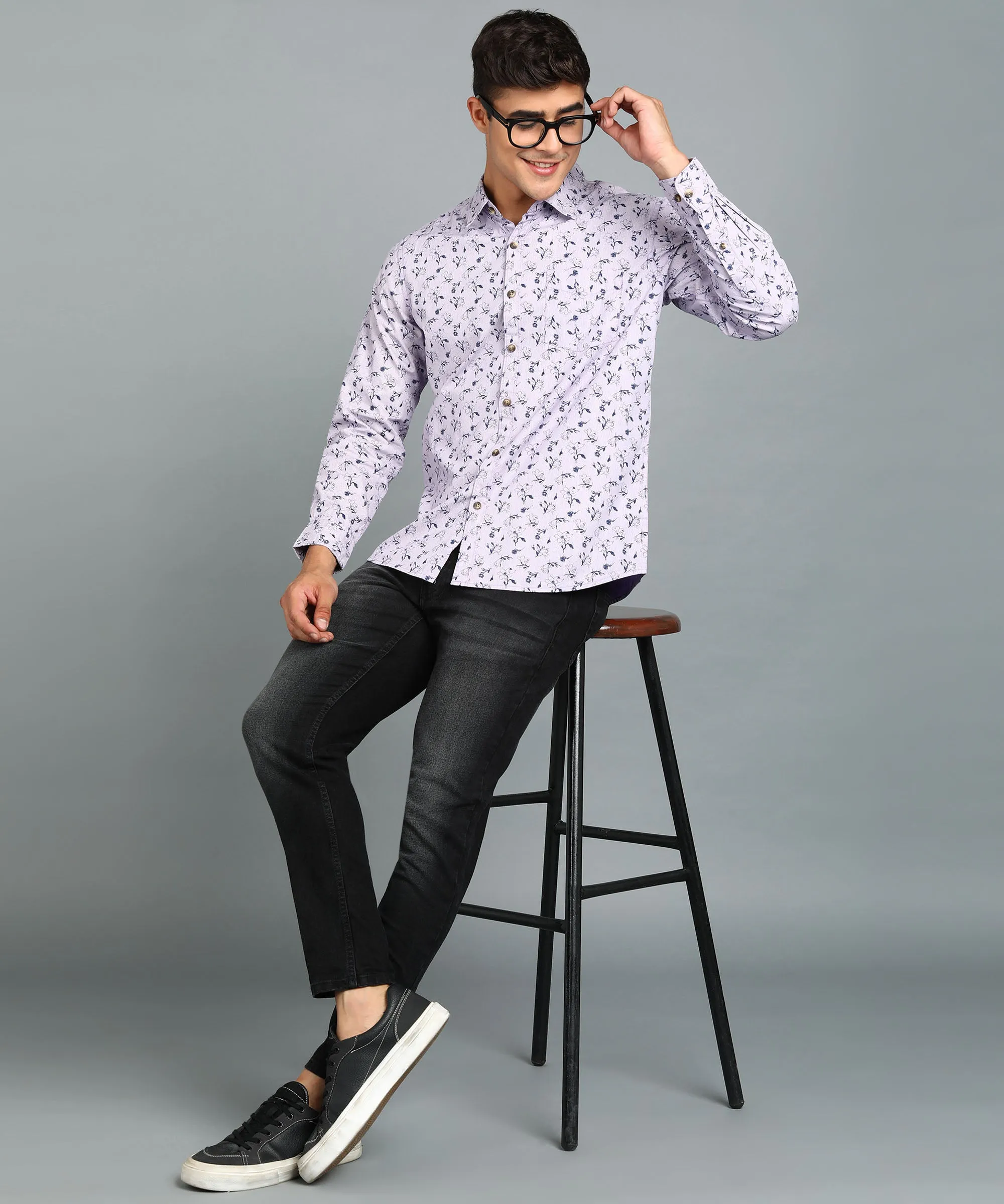 Men's Grey Cotton Full Sleeve Slim Fit Casual Printed Shirt