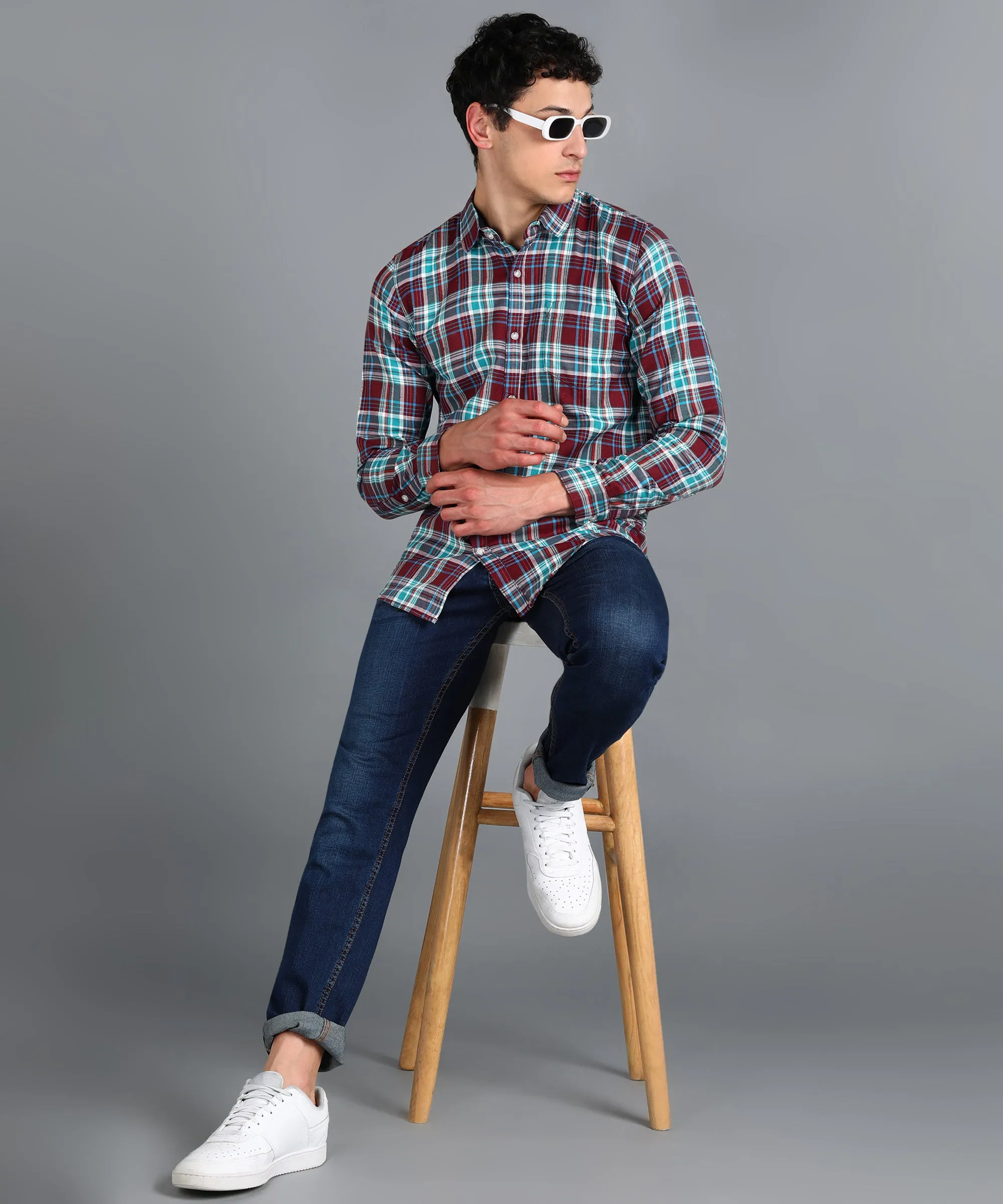 Men's Maroon Cotton Full Sleeve Slim Fit Casual Checkered Shirt