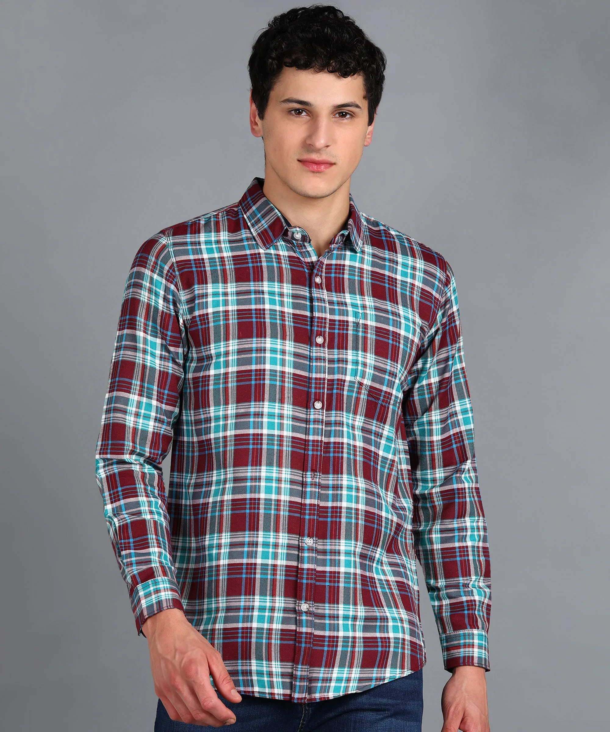 Men's Maroon Cotton Full Sleeve Slim Fit Casual Checkered Shirt