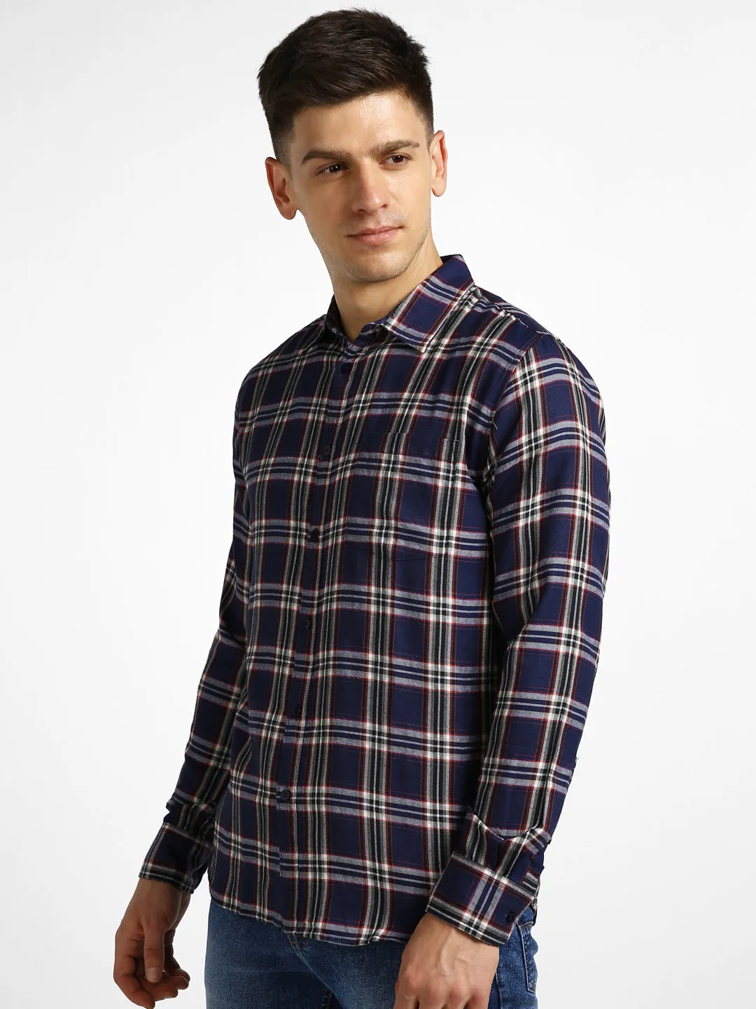 Men's Navy Blue Cotton Full Sleeve Slim Fit Casual Checkered Shirt