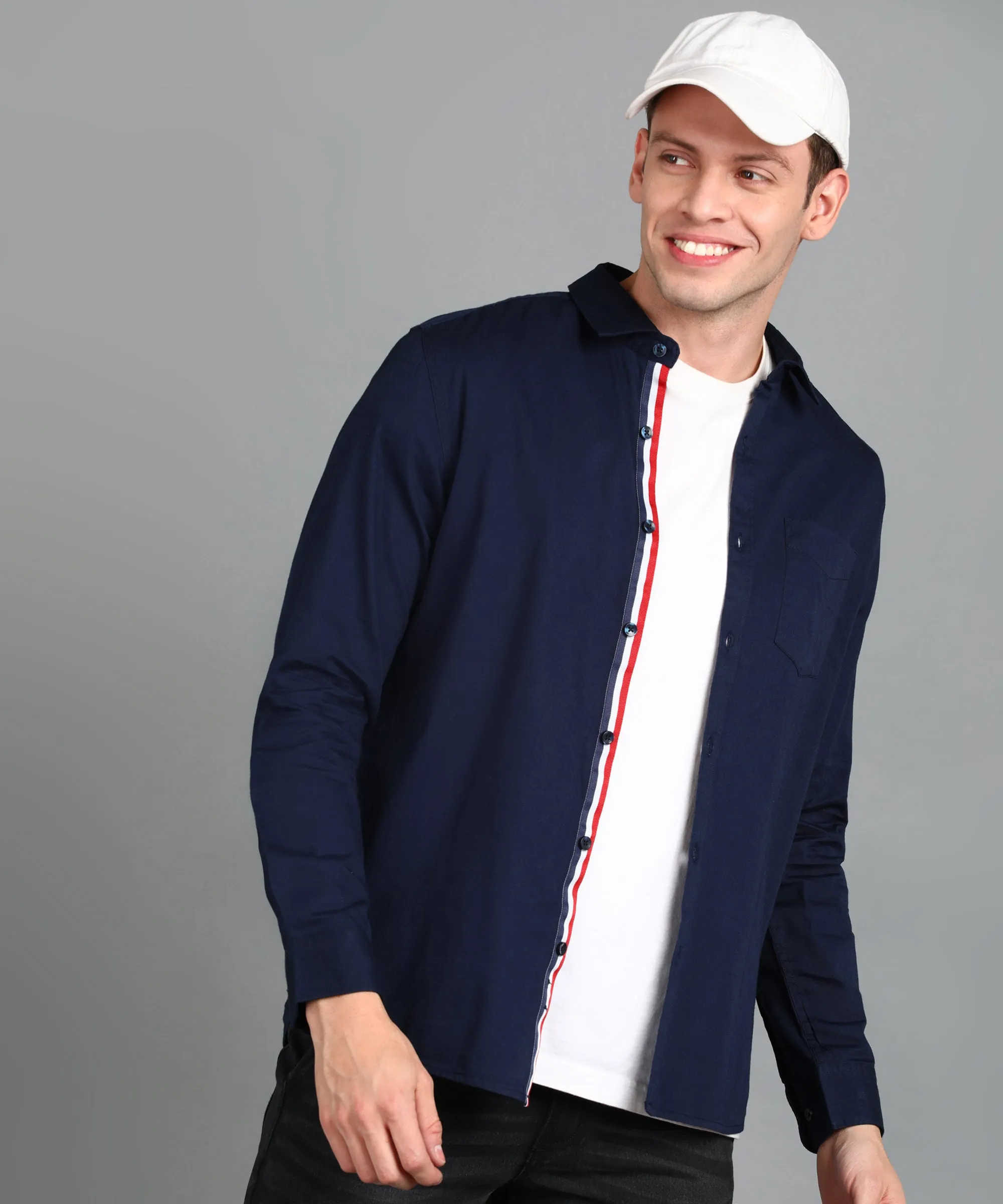 Men's Navy Blue Cotton Full Sleeve Slim Fit Casual Solid Shirt