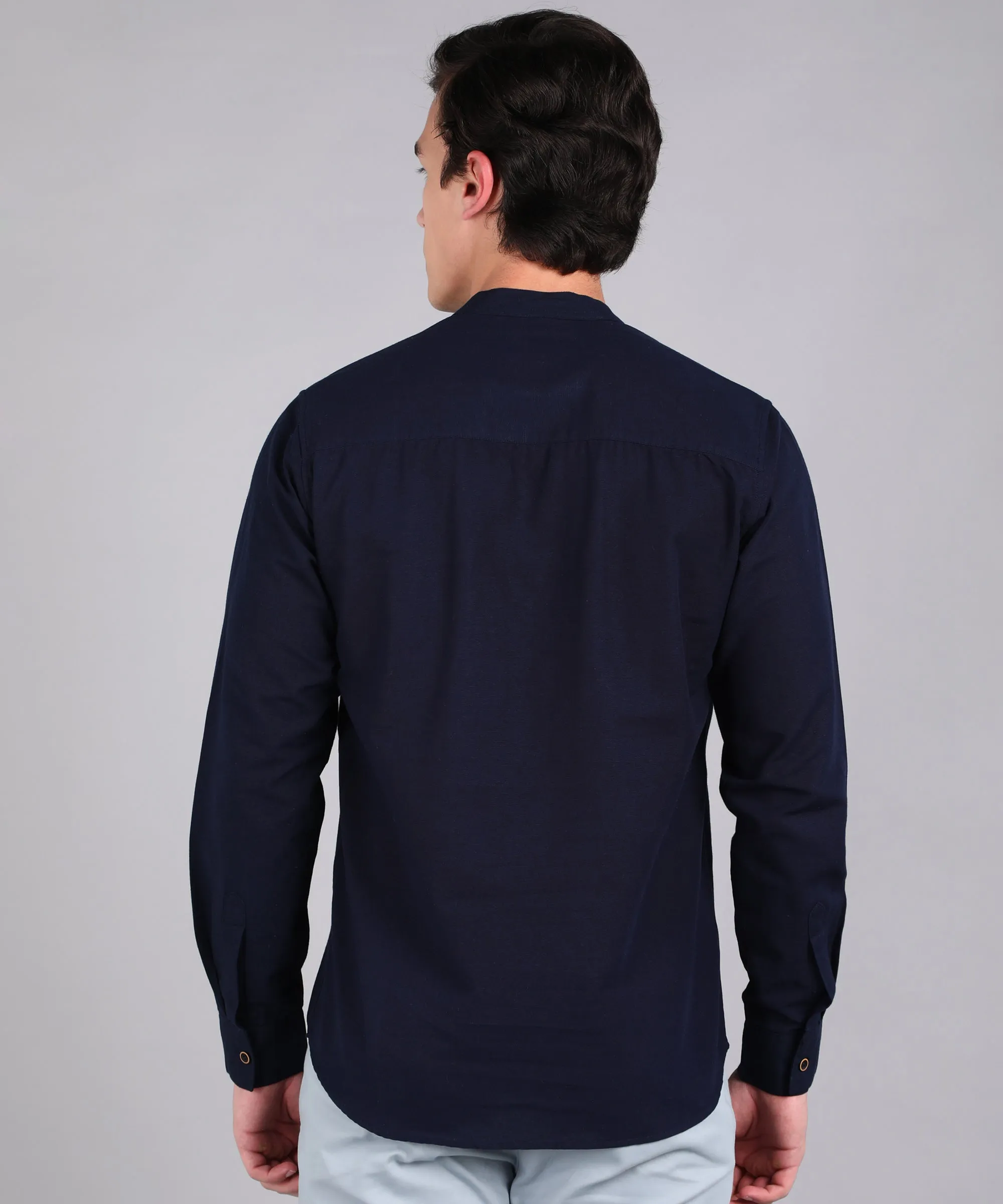 Men's Navy Blue Cotton Full Sleeve Slim Fit Solid Shirt with Mandarin Collar