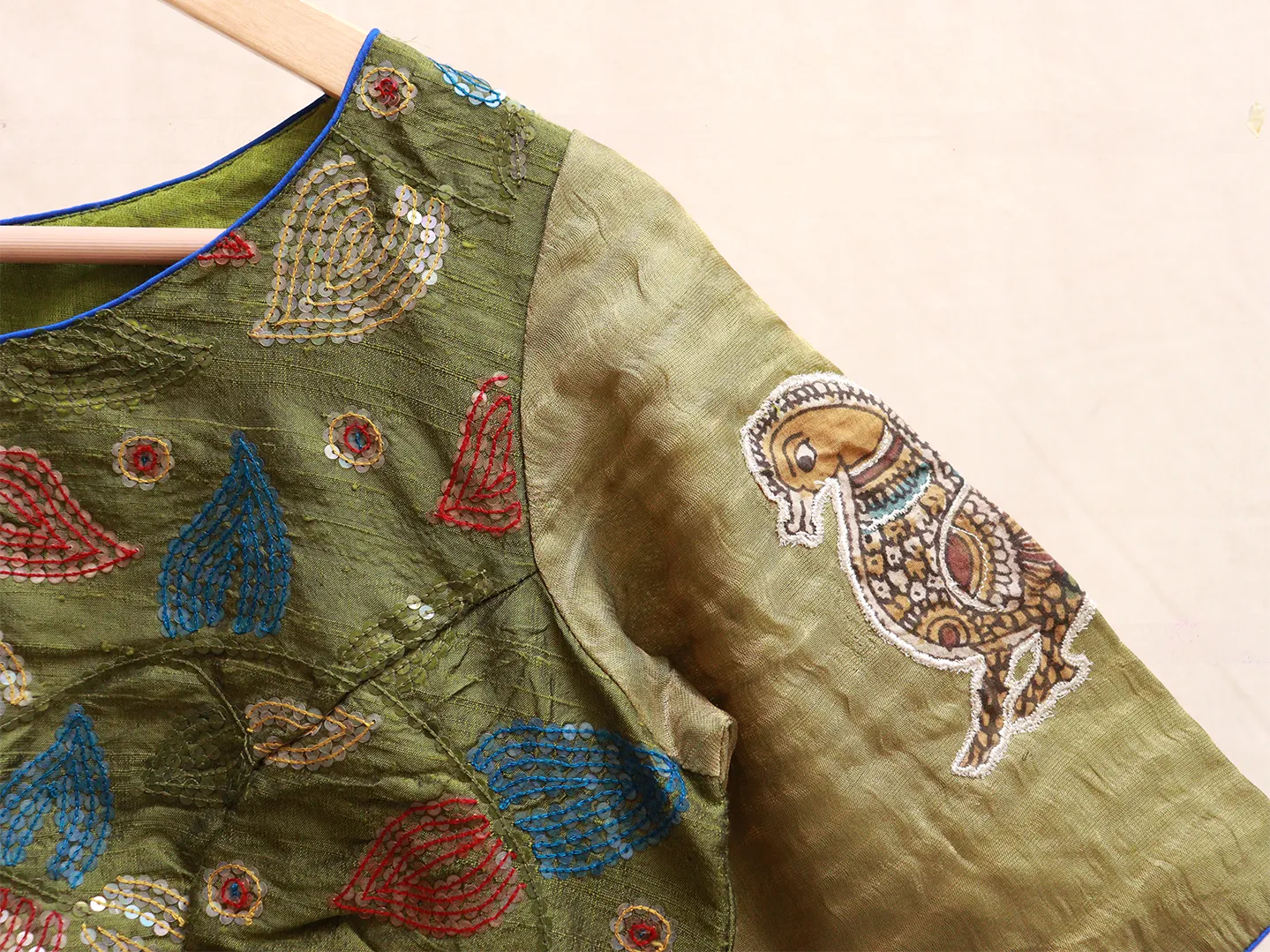 Moss green Raw silk, Kalamkari blouse