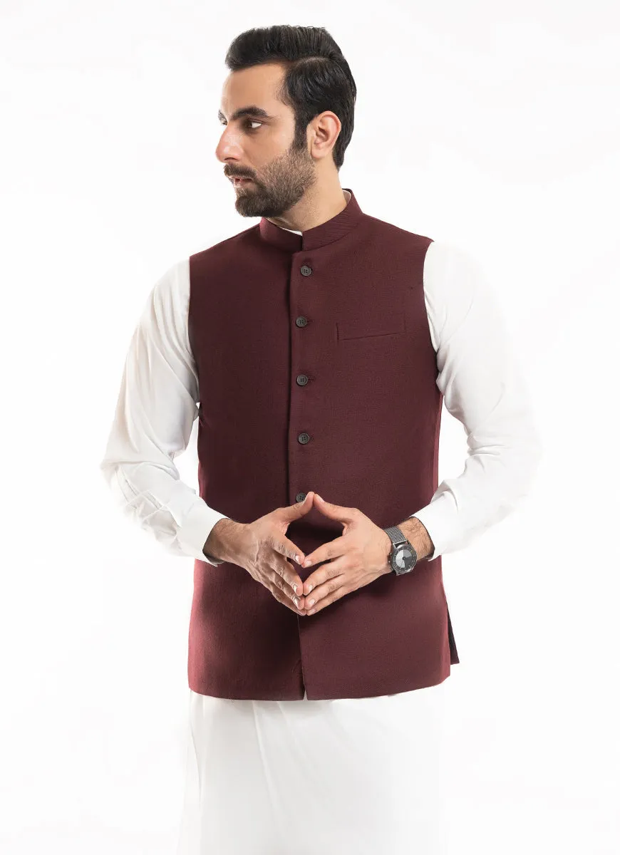 Classic Waistcoat in Maroon Plain Twill - Wool-Rich Worsted Tweed