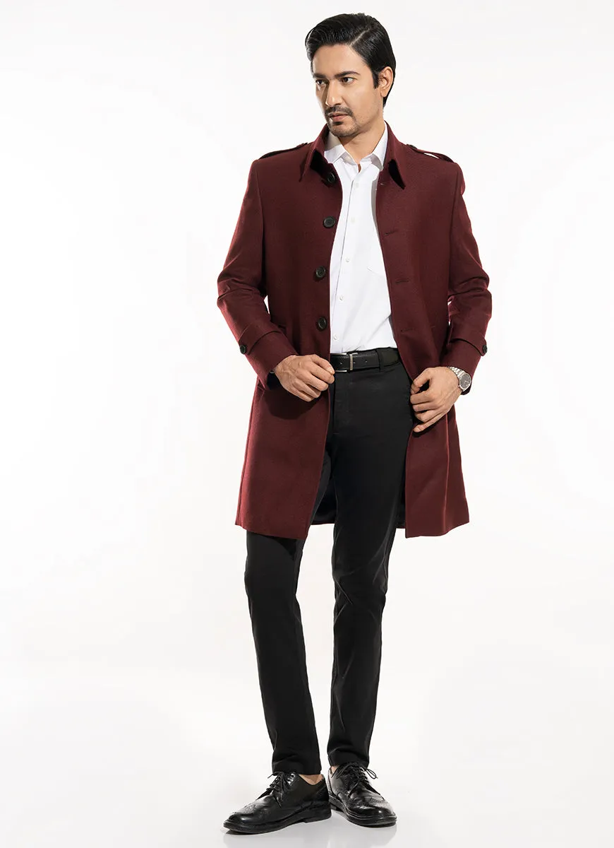 Plain Twill-Maroon, Wool Rich, Worsted Tweed Long Coats