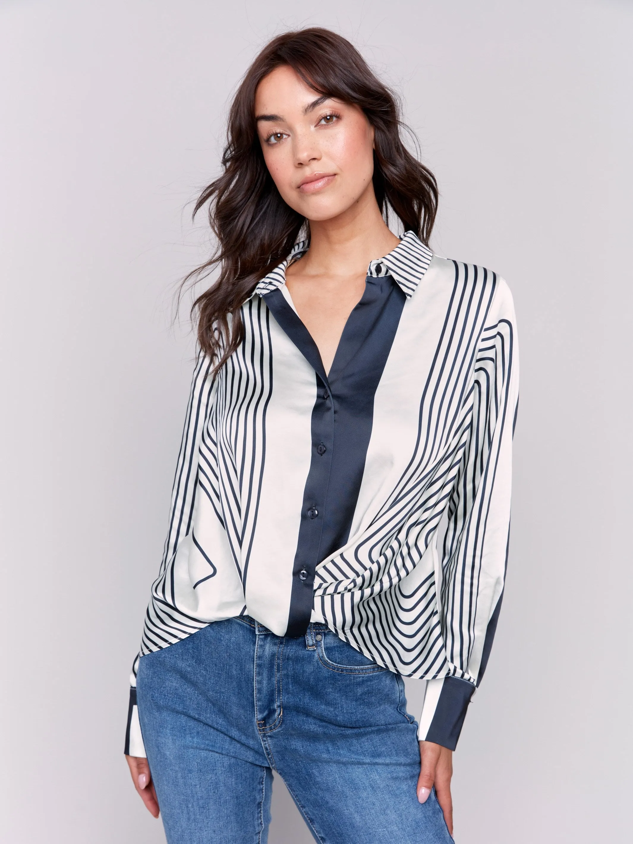 Printed Satin Shirt with Front Twist Detail - Retro