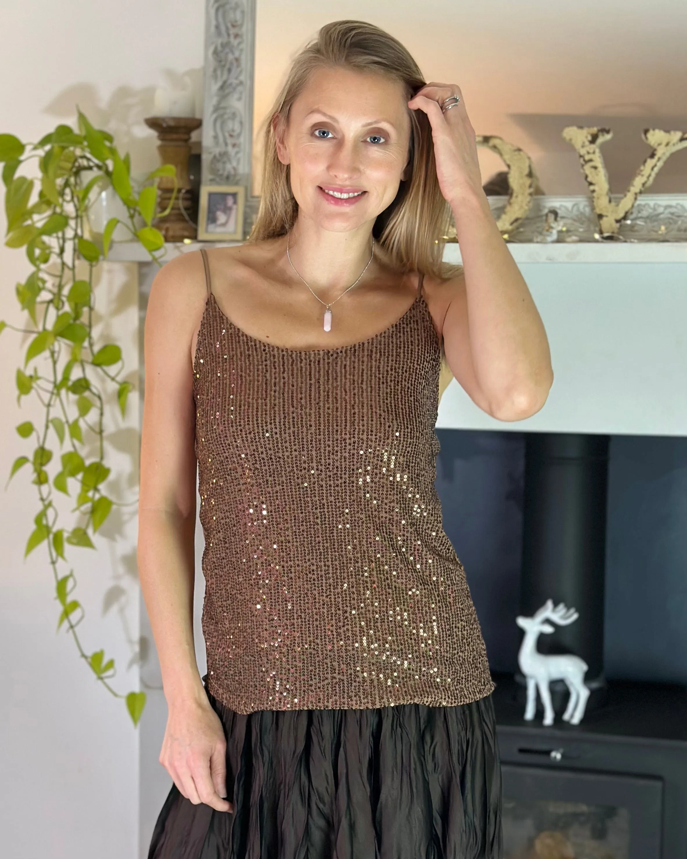 Sequin Camisole Top - Dark Caramel