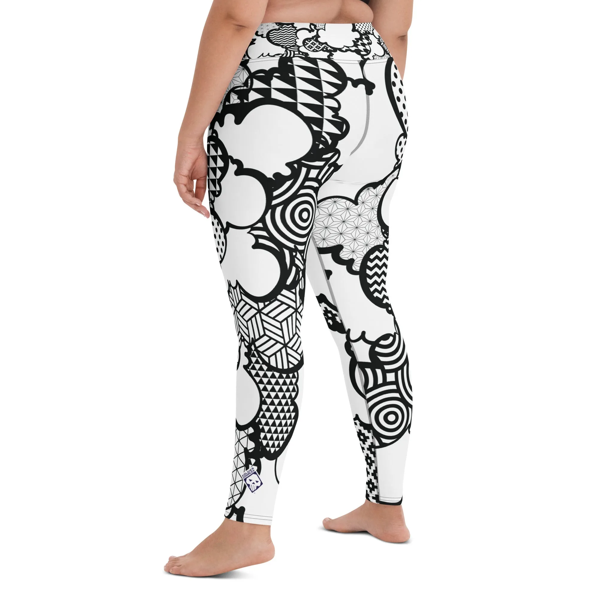 Women's Black and White Graffiti Clouds High Waist Yoga Pants Workout Leggings For Jiu Jitsu 001