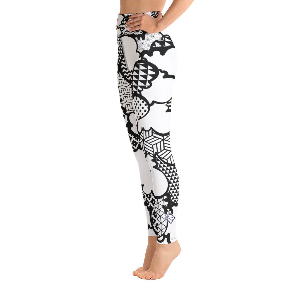 Women's Black and White Graffiti Clouds High Waist Yoga Pants Workout Leggings For Jiu Jitsu 001